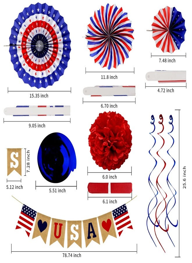 Labrostar 26Pcs Patriotic Decorations 4th of July Decorations LOVE USA Banner Red White Blue Paper Fans Star Streamer Pom Poms Hanging Swirls for Veterans Labor Presidents Flag Memorial Day - Image 2