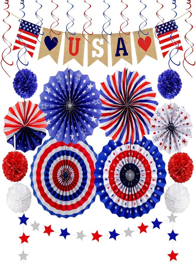 Labrostar 26Pcs Patriotic Decorations 4th of July Decorations LOVE USA Banner Red White Blue Paper Fans Star Streamer Pom Poms Hanging Swirls for Veterans Labor Presidents Flag Memorial Day - Image 1