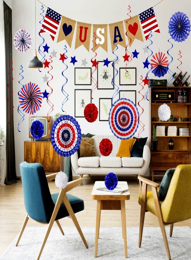 Labrostar 26Pcs Patriotic Decorations 4th of July Decorations LOVE USA Banner Red White Blue Paper Fans Star Streamer Pom Poms Hanging Swirls for Veterans Labor Presidents Flag Memorial Day - Image 5