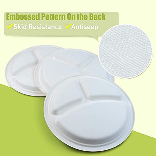 SANWALSA [10 inch, 3-Compartment, 50 Count, Round, White Disposable Bagasse Paper Plates | Eco-Friendly Sugarcane Plates for Wedding, Party, Picnic - Image 4