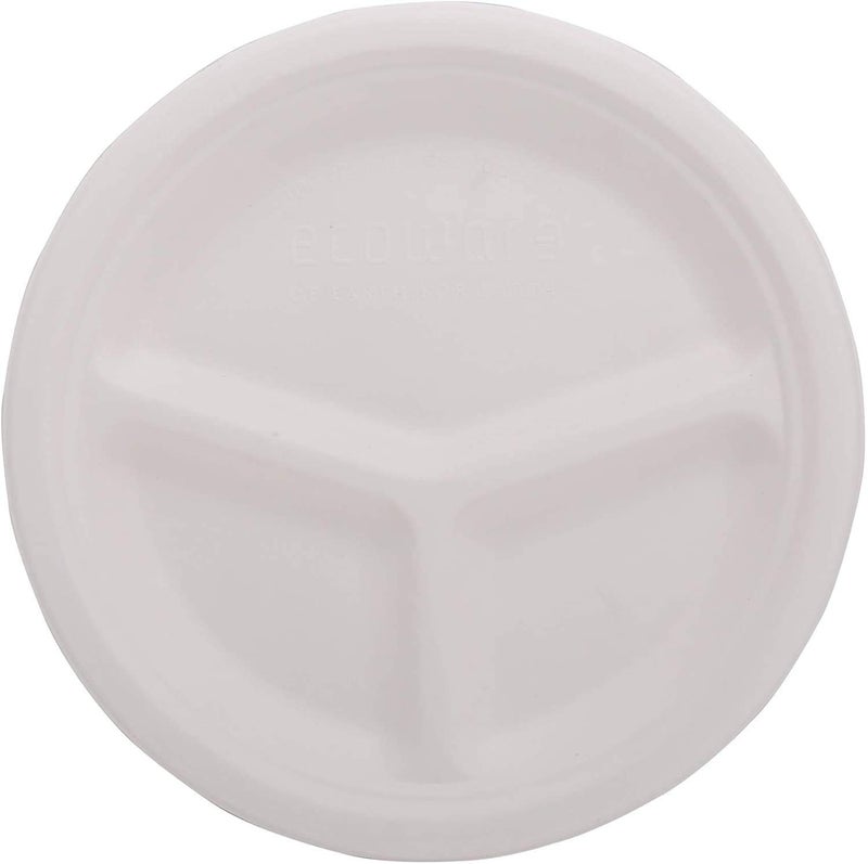 SANWALSA [10 inch, 3-Compartment, 50 Count, Round, White Disposable Bagasse Paper Plates | Eco-Friendly Sugarcane Plates for Wedding, Party, Picnic - Image 1