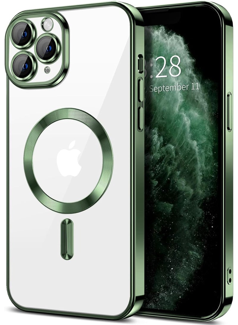 جراب مطلي بالكهرباء لهاتف iPhone 11 Pro Max مع حماية كاملة لعدسة الكاميرا ومتوافق مع الشحن اللاسلكي MagSafe، غطاء مغناطيسي ناعم مقاوم للصدمات من مادة TPU (أخضر) - Image 1
