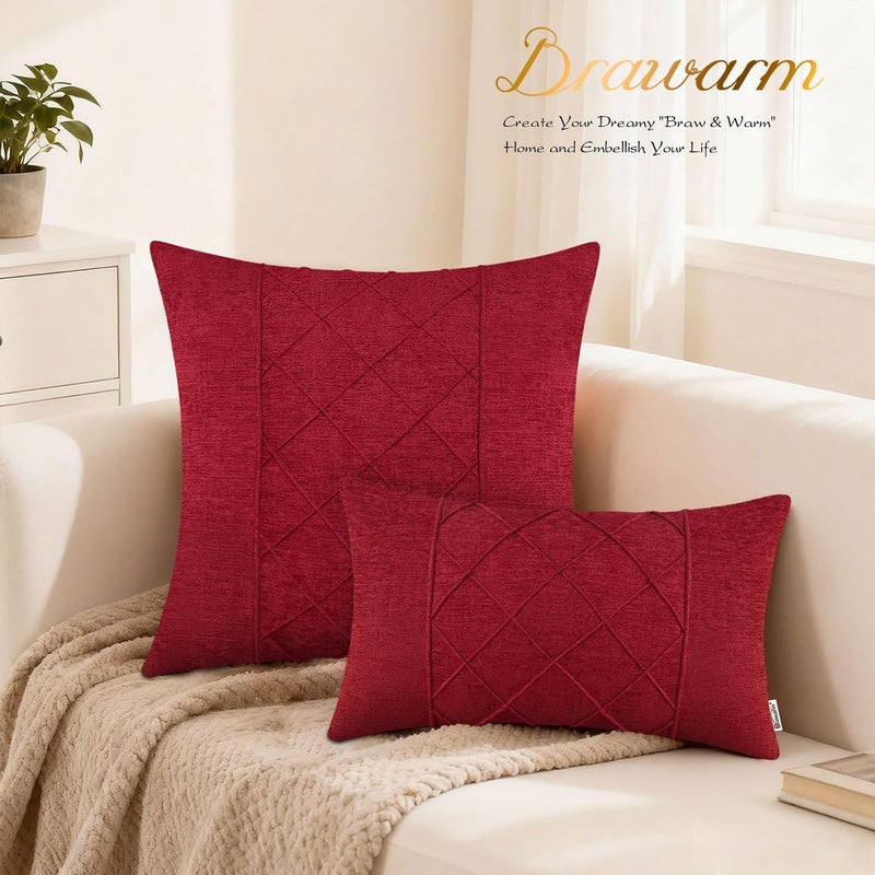 BRAWARM Decorative Throw Pillow Covers 22x22 Deep Red Chenille Pleated Pillow Covers 2 Pack Solid Dyed Soft Chenille Pillow Covers for Sofa Couch - Image 3