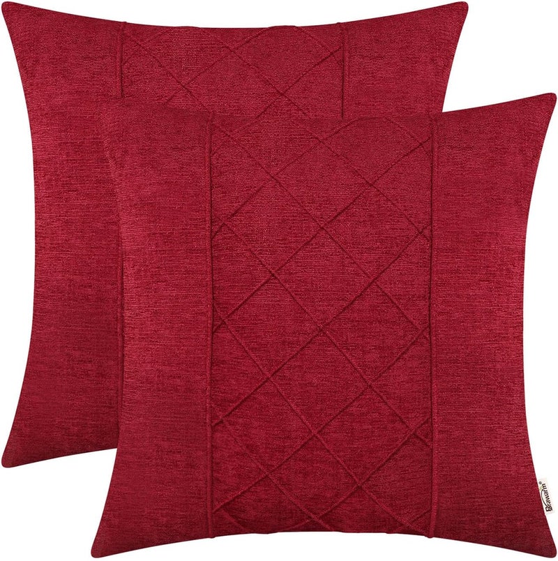 BRAWARM Decorative Throw Pillow Covers 22x22 Deep Red Chenille Pleated Pillow Covers 2 Pack Solid Dyed Soft Chenille Pillow Covers for Sofa Couch - Image 1