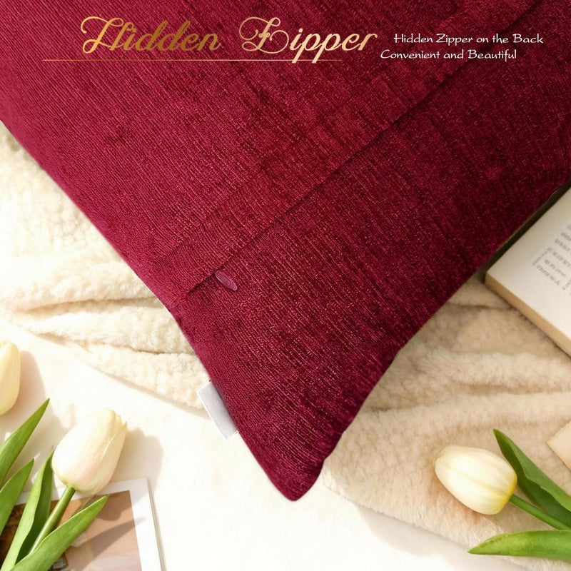 BRAWARM Decorative Throw Pillow Covers 22x22 Deep Red Chenille Pleated Pillow Covers 2 Pack Solid Dyed Soft Chenille Pillow Covers for Sofa Couch - Image 5