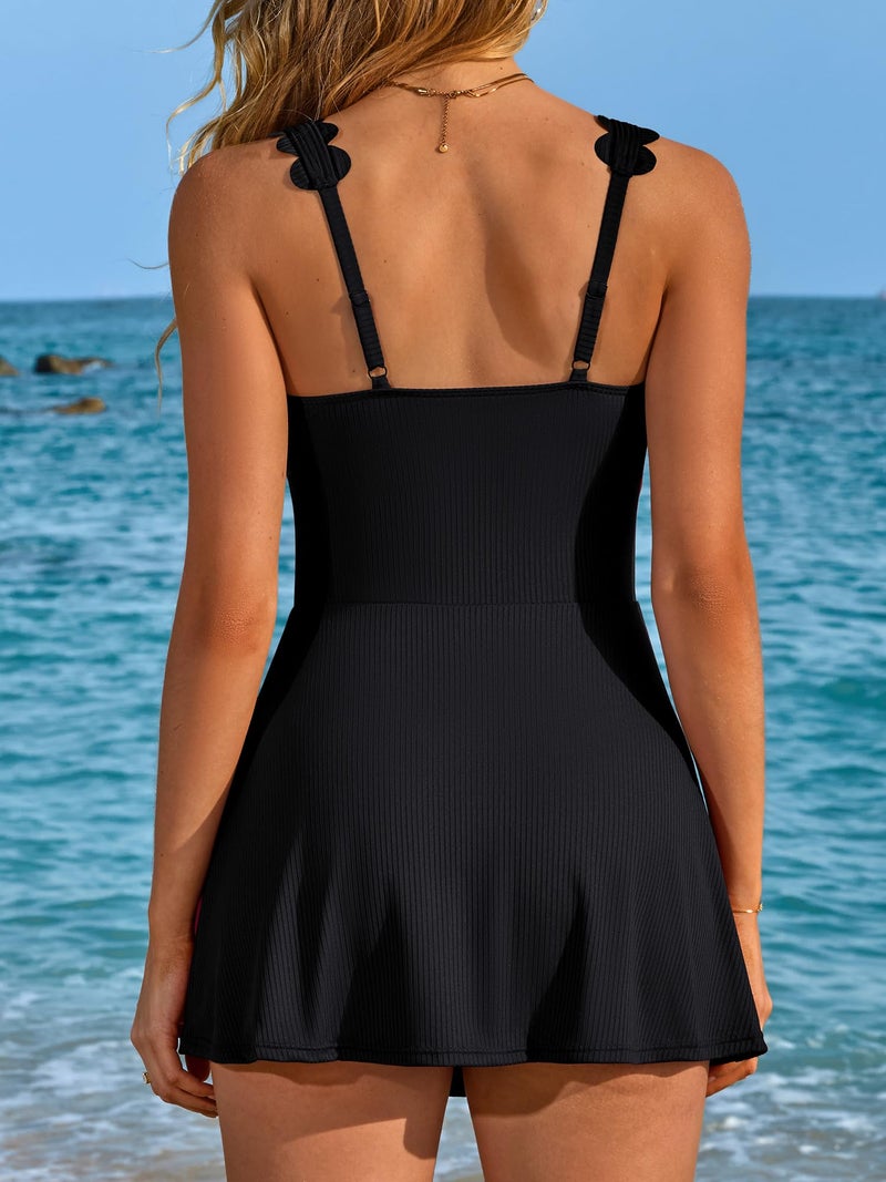 Charmo Swim Suits for Women 2025 Womens One Piece Swimsuits Swim Dress Bathing Suit Modest Scalloped Square Neck Swimwear Black S - Image 3