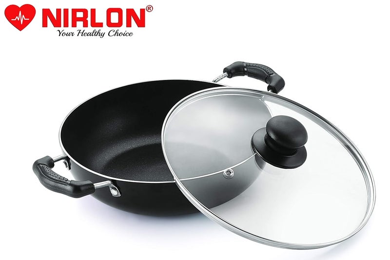 Nirlon Nirlon 3-Layer Non-Stick Coatings Aluminium Induction & Gas Compatible Cookware Deep Kadhai with Glass Lid, Black [ 24cm - 3 Liter] - Image 3