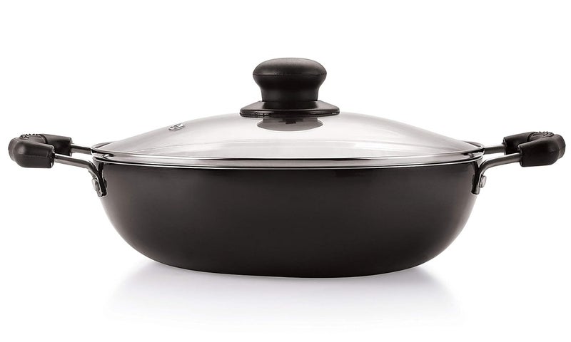 Nirlon Nirlon 3-Layer Non-Stick Coatings Aluminium Induction & Gas Compatible Cookware Deep Kadhai with Glass Lid, Black [ 24cm - 3 Liter] - Image 1
