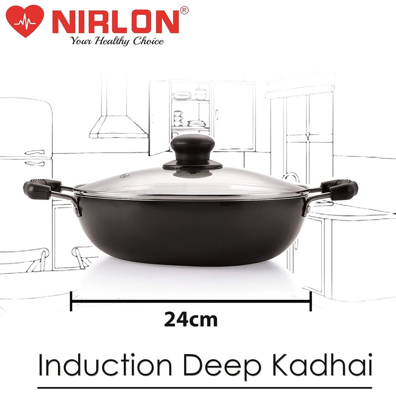 Nirlon Nirlon 3-Layer Non-Stick Coatings Aluminium Induction & Gas Compatible Cookware Deep Kadhai with Glass Lid, Black [ 24cm - 3 Liter] - Image 5