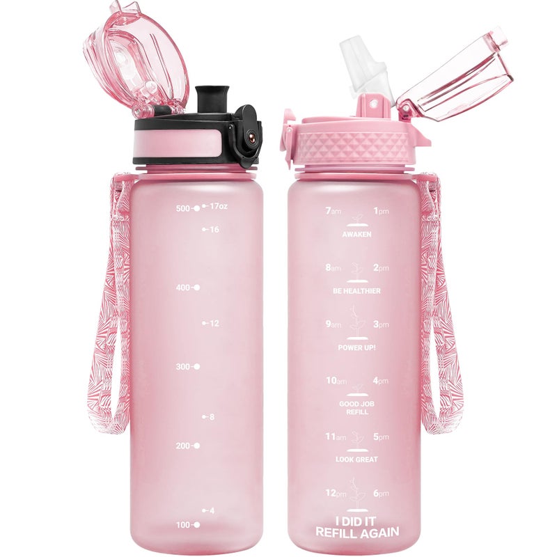 OLDLEY Kids Water Bottle for School 17 oz 2 lids BPAFree Reusable Leakproof Durable Tritan Plastic Water Bottles with Straw Chug Lids Antidust Spout Cover Pink