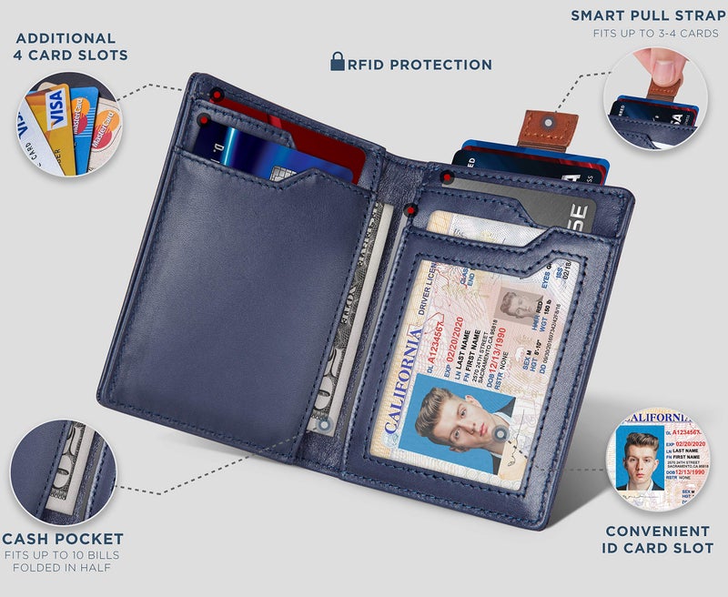 SERMAN BRANDS سيرمان براندز - محافظ للرجال نحيفة جلدية مع تقنية حجب RFID لمحفظة بطاقات أمامية قابلة للطي للسفر رقيقة (أزرق فاخر 5.0) - Image 4