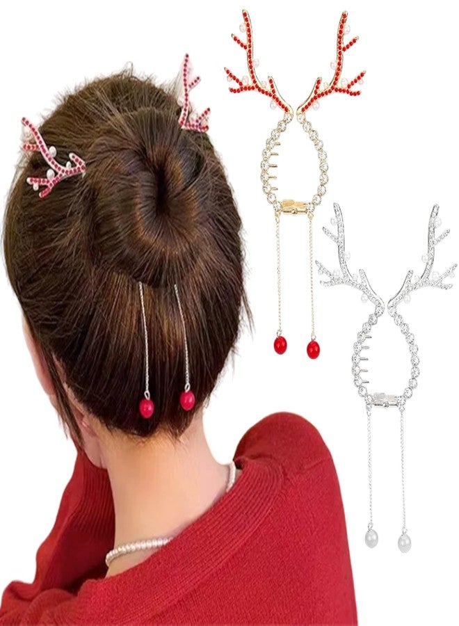 LRKNNO 2Pcs Christmas Hair Clips Winter Reindeer Ponytail Bun Holder Metal Elk Hair Claw Clip for Ponytail Hairstyle Christmas Hair Accessories with Rhinestone Pearl Design Reindeer Claw Clips for Women Kids - Image 1