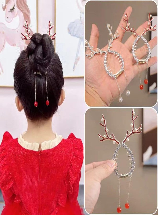 LRKNNO 2Pcs Christmas Hair Clips Winter Reindeer Ponytail Bun Holder Metal Elk Hair Claw Clip for Ponytail Hairstyle Christmas Hair Accessories with Rhinestone Pearl Design Reindeer Claw Clips for Women Kids - Image 3