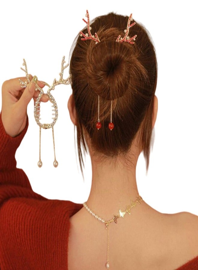 LRKNNO 2Pcs Christmas Hair Clips Winter Reindeer Ponytail Bun Holder Metal Elk Hair Claw Clip for Ponytail Hairstyle Christmas Hair Accessories with Rhinestone Pearl Design Reindeer Claw Clips for Women Kids - Image 5