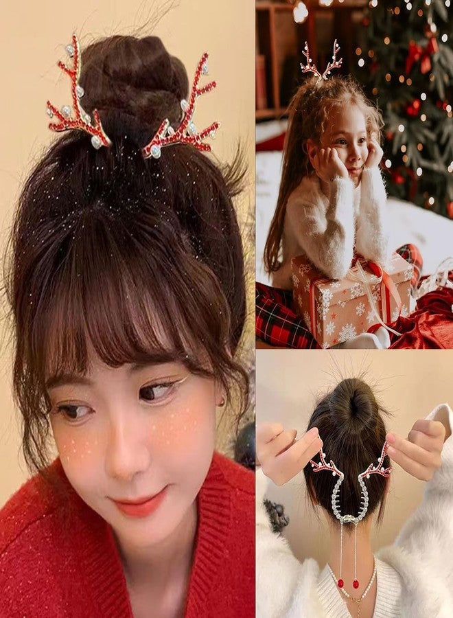 LRKNNO 2Pcs Christmas Hair Clips Winter Reindeer Ponytail Bun Holder Metal Elk Hair Claw Clip for Ponytail Hairstyle Christmas Hair Accessories with Rhinestone Pearl Design Reindeer Claw Clips for Women Kids - Image 2