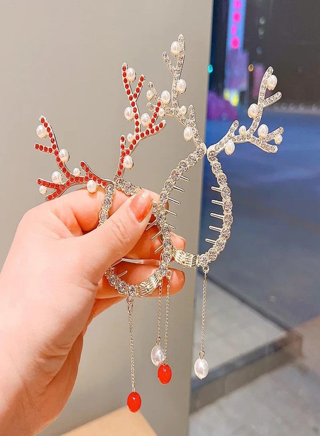 LRKNNO 2Pcs Christmas Hair Clips Winter Reindeer Ponytail Bun Holder Metal Elk Hair Claw Clip for Ponytail Hairstyle Christmas Hair Accessories with Rhinestone Pearl Design Reindeer Claw Clips for Women Kids - Image 4