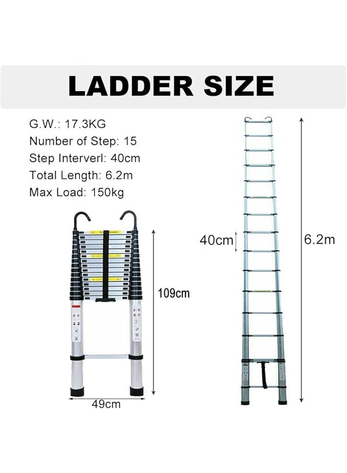 6.2M Telescopic Aluminium Ladder with Hooks – Extendable, Easy to Use, Multi-Purpose Ladder – Max Load 150kg – Silver - Image 2