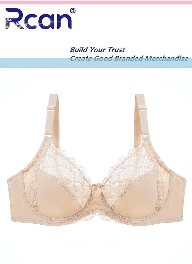 Rcan - Women's Plus Size Ultra-thin Lace Bra with Underwire Push-up Three-Quarter Cup Bras Anti-Sagging Translucent Cotton Breathable Comfortable Underwear - Image 1