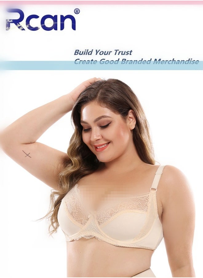 Rcan - Women's Plus Size Ultra-thin Lace Bra with Underwire Push-up Three-Quarter Cup Bras Anti-Sagging Translucent Cotton Breathable Comfortable Underwear - Image 1