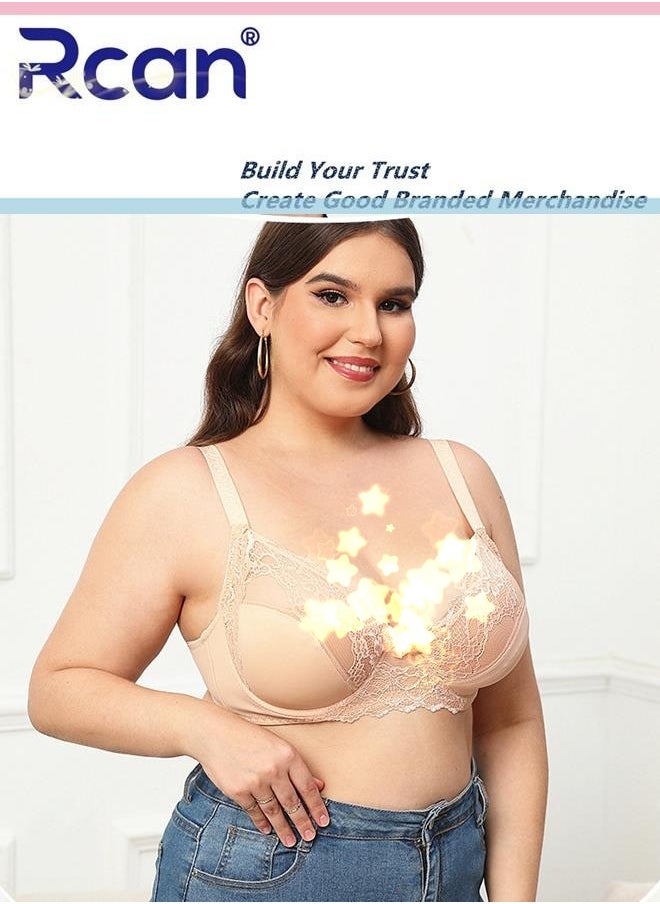 Rcan - Women's Plus Size Ultra-thin Lace Bra with Underwire Push-up Three-Quarter Cup Bras Anti-Sagging Translucent Cotton Breathable Comfortable Underwear - Image 1