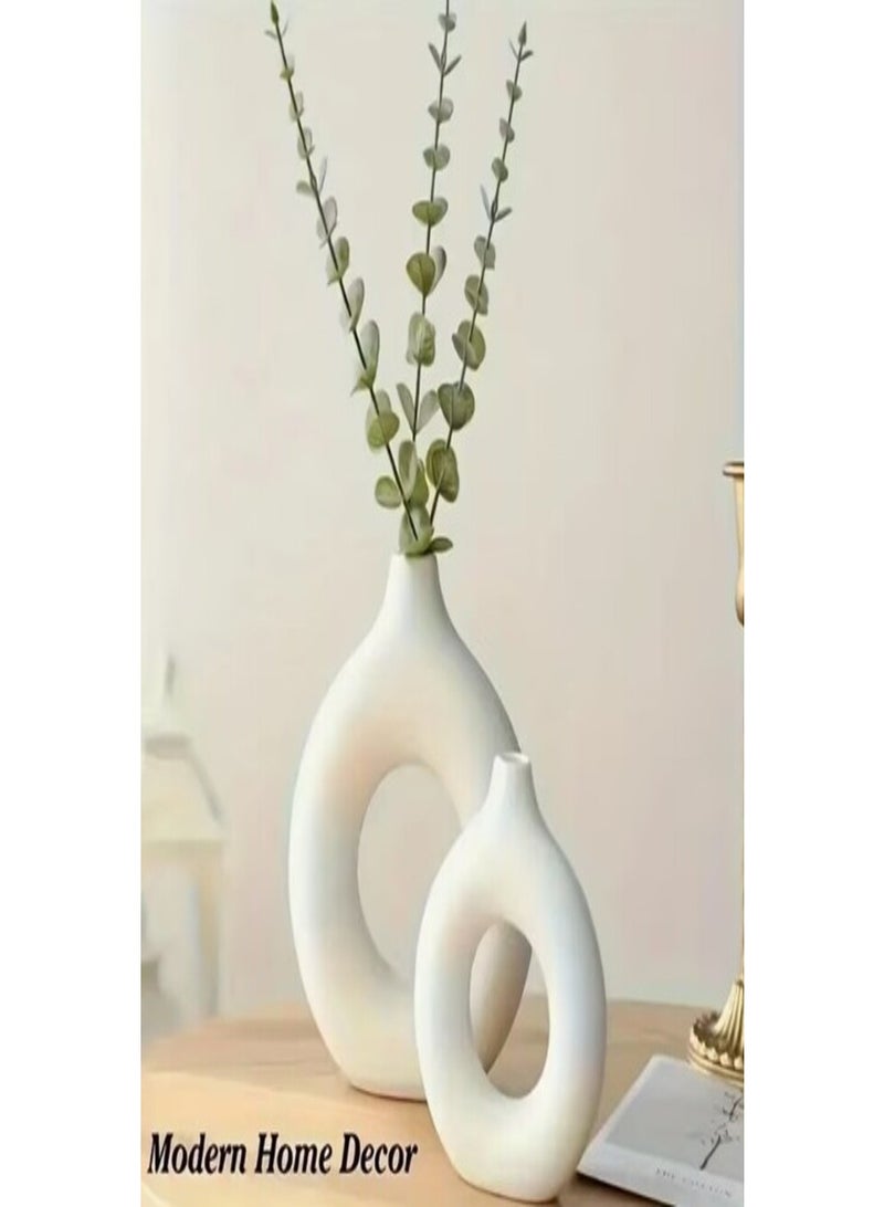 Set of 2 Decorative Concrete Ring Vases (22×20 cm & 18×17 cm) – Modern Boho Style – White - Image 1