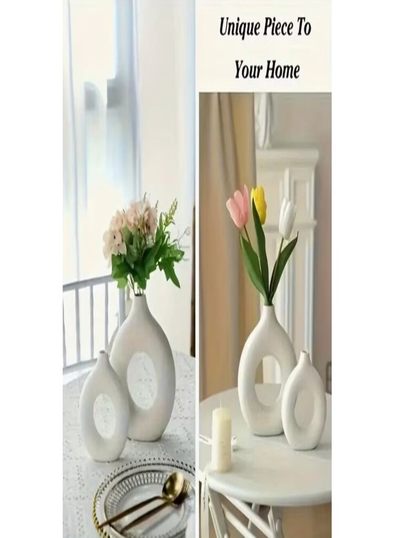 Set of 2 Decorative Concrete Ring Vases (22×20 cm & 18×17 cm) – Modern Boho Style – White - Image 2