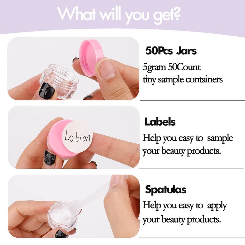 GOLACKY 50 Count Mini Sample Jars with Lids, Tiny Empty Lip Balm Containers, Makeup Travel Containers with Labels, Mini Disposable Spatulas - Image 4