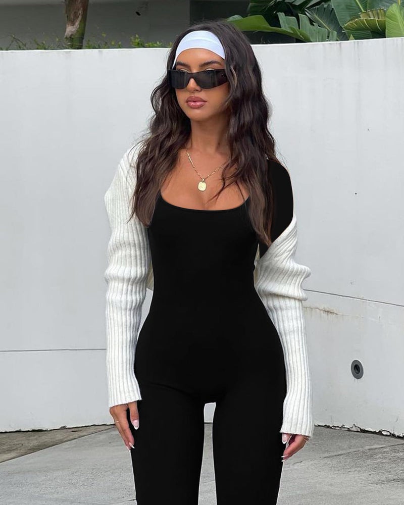 OLCHEE Womens Long Sleeve Workout Jumpsuit Square Neck Ribbed Seamless Yoga Romper Sexy Bodycon Tummy Control Unitard Onesie - Black Medium - Image 4