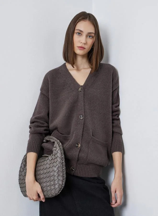 Styli Brown Oversized Knit Buttoned Cardigan