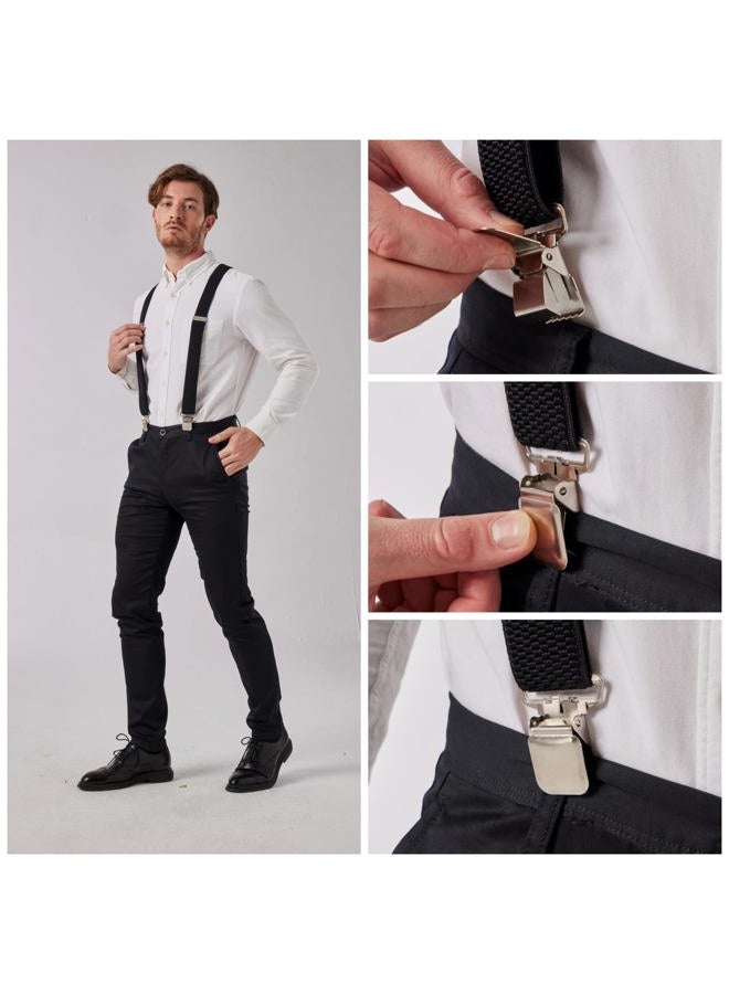 LazarsSpace Heavy-Duty X-Back Suspenders for Men with Four Premium Clips 1 3/8" Elastic Adjustable Straps Black, Black - Image 3