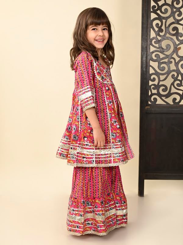 superminis Girls Cotton Ethnic Printed Pelmet Gota Work 3/4 Sleeves Regular Fit Kurti with Matching Sharara Set (5-6 Years, Pink) - Image 5