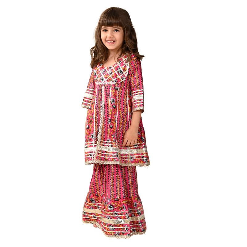 superminis Girls Cotton Ethnic Printed Pelmet Gota Work 3/4 Sleeves Regular Fit Kurti with Matching Sharara Set (5-6 Years, Pink) - Image 1