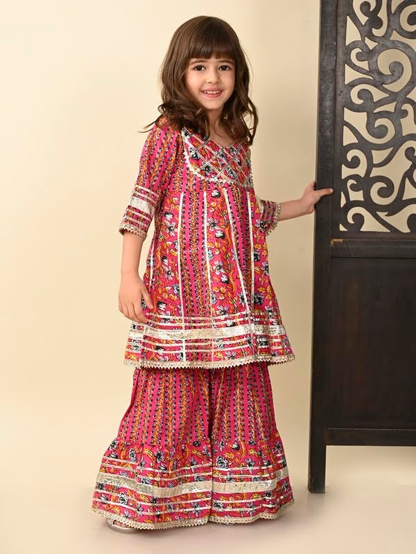 superminis Girls Cotton Ethnic Printed Pelmet Gota Work 3/4 Sleeves Regular Fit Kurti with Matching Sharara Set (5-6 Years, Pink) - Image 2