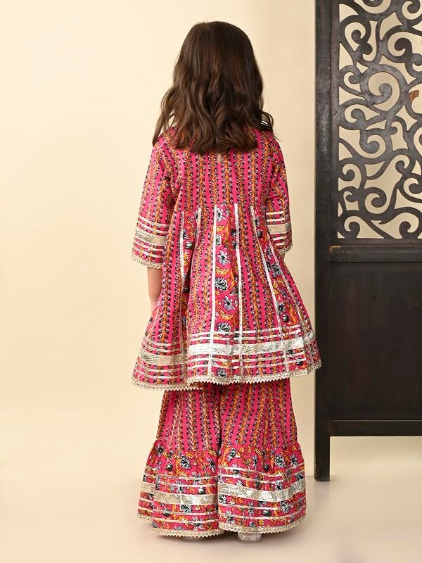 superminis Girls Cotton Ethnic Printed Pelmet Gota Work 3/4 Sleeves Regular Fit Kurti with Matching Sharara Set (5-6 Years, Pink) - Image 3