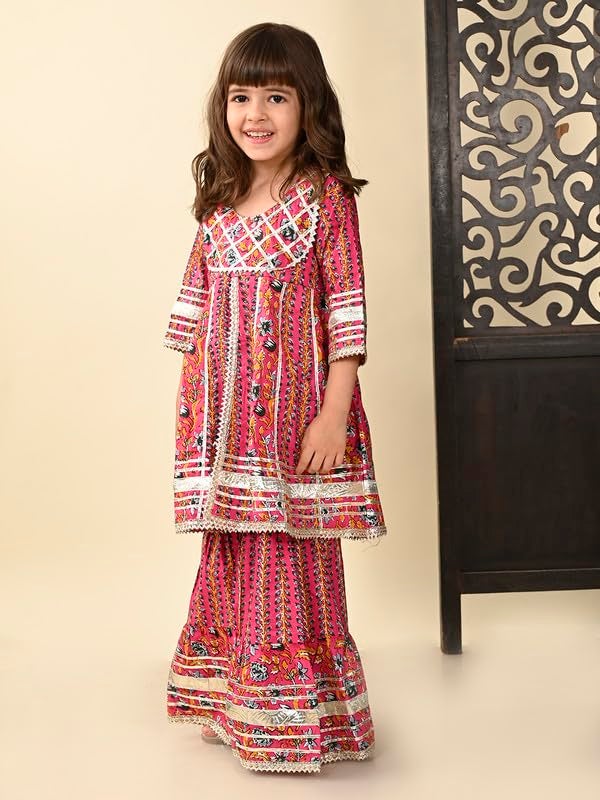 superminis Girls Cotton Ethnic Printed Pelmet Gota Work 3/4 Sleeves Regular Fit Kurti with Matching Sharara Set (5-6 Years, Pink) - Image 4