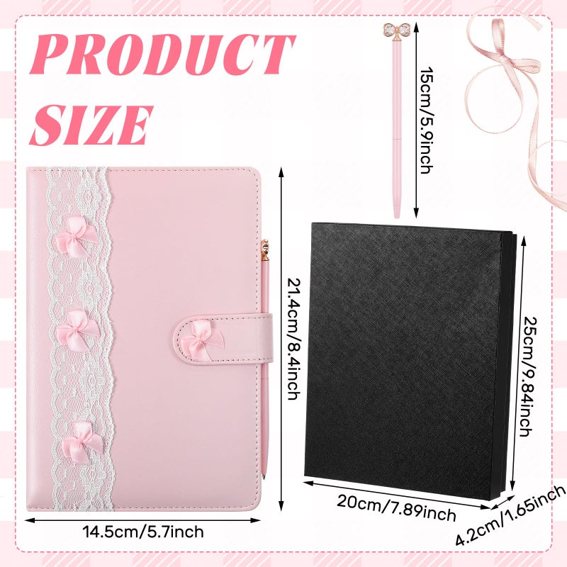 Thenshop 3 Pcs Pink Bow Journal Coquette Gift Set A5 Hardcover Leather Lace Pink Diary with Crystal Bow Pen & Box Aesthetic Preppy Notebook Cute Birthday Gift for Women Girls - Image 2