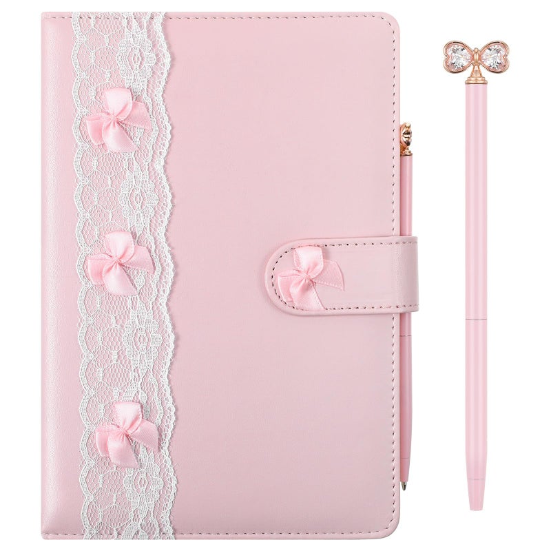 Thenshop 3 Pcs Pink Bow Journal Coquette Gift Set A5 Hardcover Leather Lace Pink Diary with Crystal Bow Pen & Box Aesthetic Preppy Notebook Cute Birthday Gift for Women Girls - Image 1
