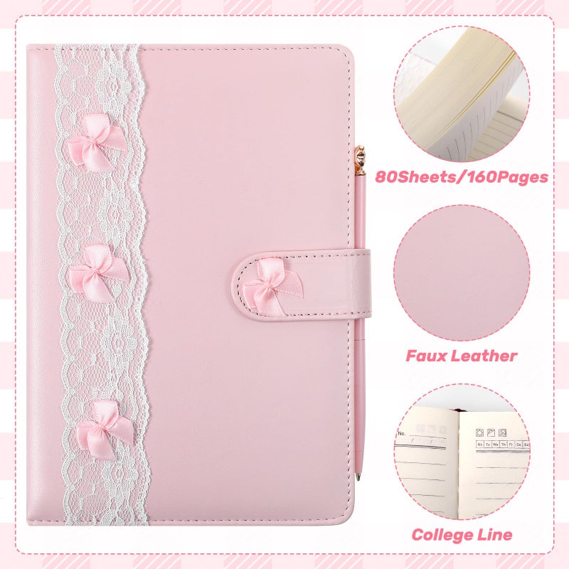 Thenshop 3 Pcs Pink Bow Journal Coquette Gift Set A5 Hardcover Leather Lace Pink Diary with Crystal Bow Pen & Box Aesthetic Preppy Notebook Cute Birthday Gift for Women Girls - Image 3