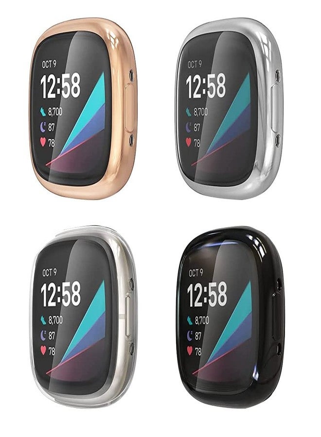 Sankel [4 Pack] Sankel Compatible for Fitbit Versa 4/Sense 2 Screen Protector Case,All-Around Protective Cover Solf TPU Bumper Protective Cases for Sense 2/Versa 4 Smartwatch (Rosegold+Silver+Black+Clear) - Image 1