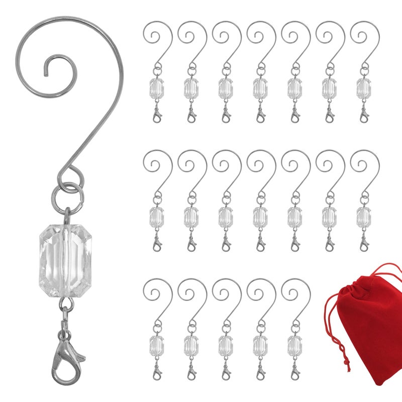 BANBERRY DESIGNS Christmas Ornament Hooks  Clear Acrylic Gem  Silver Wire Swivel Ornament Hooks  Set of 20 Hangers  3 Long