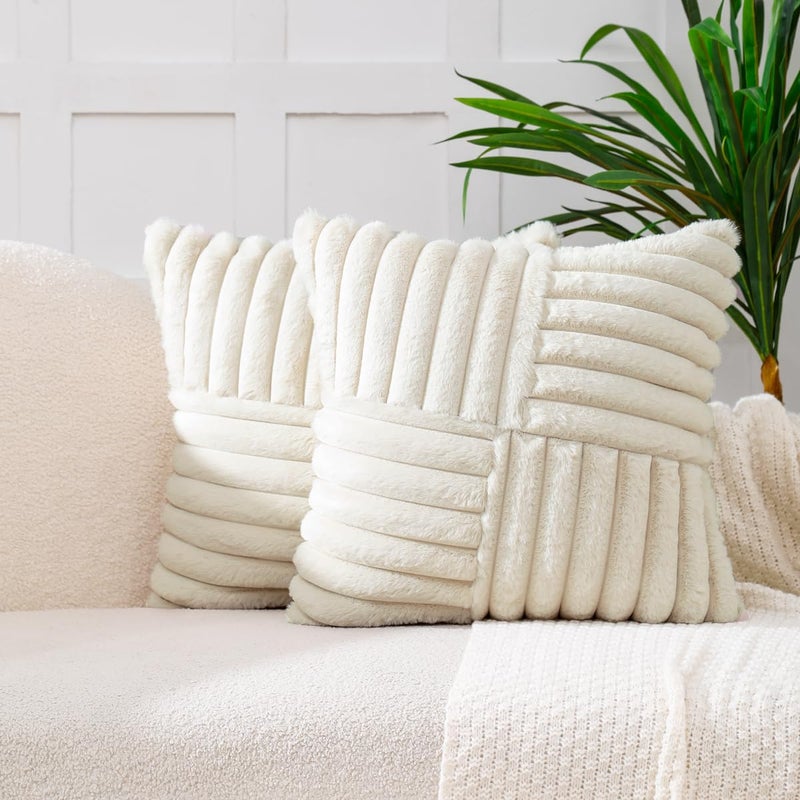 All Smiles Couch Decorative Throw Pillow Covers 18x18 Set of 2 Faux Fur Plush Soft Fluffy Velvet Cushion Case Cozy Fuzzy Striped Pillowcase Home Decor for Bed Sofa Living RoomBeige - Image 2