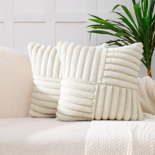All Smiles Couch Decorative Throw Pillow Covers 18x18 Set of 2 Faux Fur Plush Soft Fluffy Velvet Cushion Case Cozy Fuzzy Striped Pillowcase Home Decor for Bed Sofa Living RoomBeige - Image 1