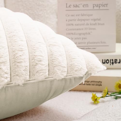 All Smiles Couch Decorative Throw Pillow Covers 18x18 Set of 2 Faux Fur Plush Soft Fluffy Velvet Cushion Case Cozy Fuzzy Striped Pillowcase Home Decor for Bed Sofa Living RoomBeige - Image 3
