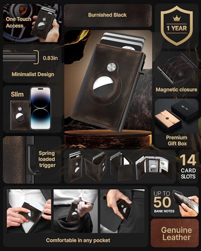 typecase Mens Wallet Card Holder for AirTag: Leather Smart Wallet for Men Compatible with Apple Air Tag, RFID Blocking, Slim, Minimalist - 9-14 Card Capacity | ID Window | Cash Slot (Burnished Black) - Image 2