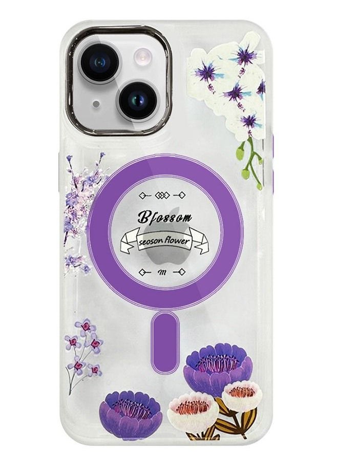 JOWAY - Case for Apple iPhone 14 PLUS Romantique Floral Design Fashion Flower Compatible with MagSafe & Wireless Charging Cover PURPLE - Image 1