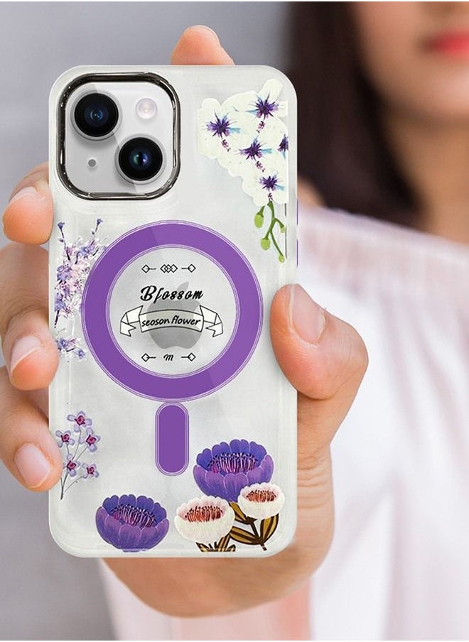 JOWAY - Case for Apple iPhone 14 PLUS Romantique Floral Design Fashion Flower Compatible with MagSafe & Wireless Charging Cover PURPLE - Image 1