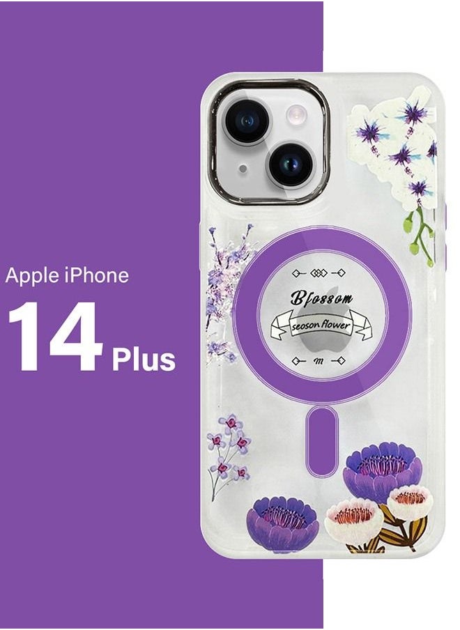 JOWAY - Case for Apple iPhone 14 PLUS Romantique Floral Design Fashion Flower Compatible with MagSafe & Wireless Charging Cover PURPLE - Image 1