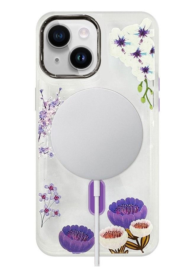 JOWAY - Case for Apple iPhone 14 PLUS Romantique Floral Design Fashion Flower Compatible with MagSafe & Wireless Charging Cover PURPLE - Image 1