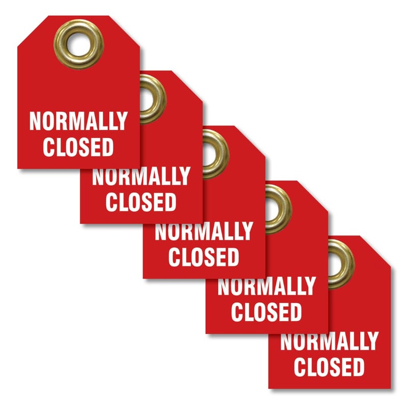 AccuformNMC Normally Closed Valve Identifier Tags (Pack of 5), 2.5" H x 2" W, Red Plastic Double Sided Pipe Tags with Metal Grommet, TDW220 - Image 1