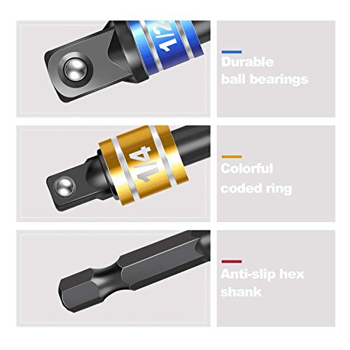 Fruholt Socket Adapter Set, 1/4-Inch Hex Shank to 1/4, 3/8, 1/2-Inch Square Drive, 3-Piece Impact Grade Drill Bit Holders, Black - Image 5